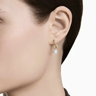 Gabriella earrings, Crystal pearl, Round cut, White, 18K gold finish