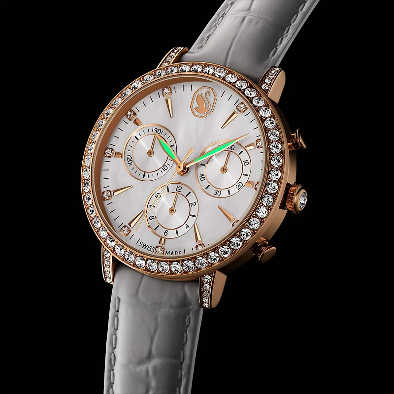 Matrix tennis chrono watch, Swiss Made, Leather strap, Rose gold tone, Rose gold-tone finish