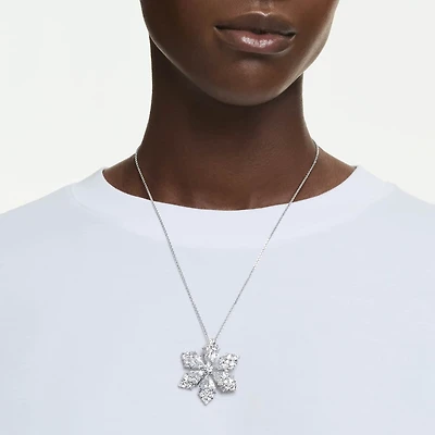 Idyllia pendant and brooch, Mixed cuts, Snowflake, White, Rhodium plated
