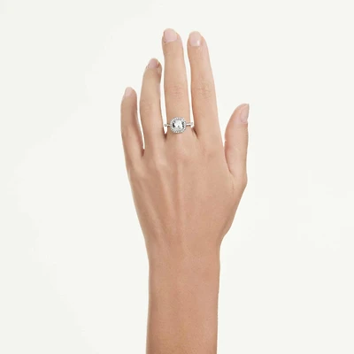 Una Angelic halo ring, Cushion cut, White, Rhodium plated