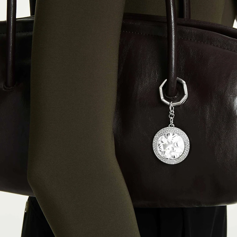 Bag charm, Round cut, White, Rhodium plated