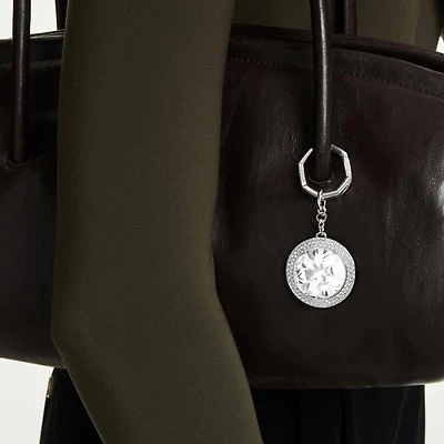Bag charm, Round cut, White, Rhodium plated