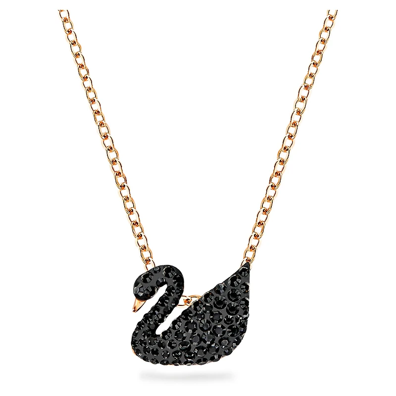 Swan pendant, Swan, Black, 18K rose gold finish