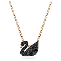 Swan pendant, Swan, Black, 18K rose gold finish