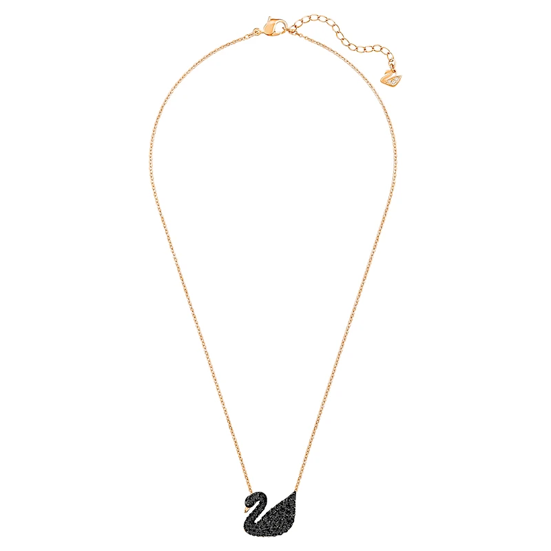 Swan pendant, Swan, Black, 18K rose gold finish