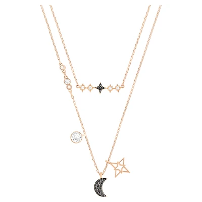 Symbolica necklace, Set (2), Moon and star, Black, 18K rose gold finish