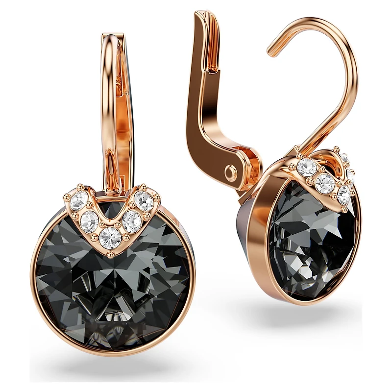 Bella V drop earrings, Round cut, Grey, 18K rose gold finish