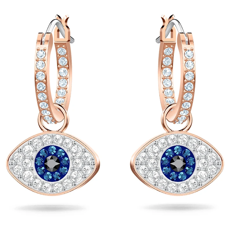 Symbolica hoop earrings, Evil eye, Blue, Rose gold-tone plated by SWAROVSKI