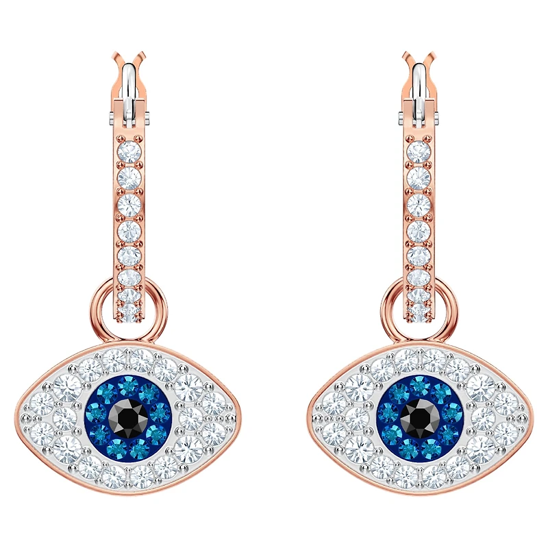 Symbolica hoop earrings, Evil eye, Blue, Rose gold-tone plated by SWAROVSKI