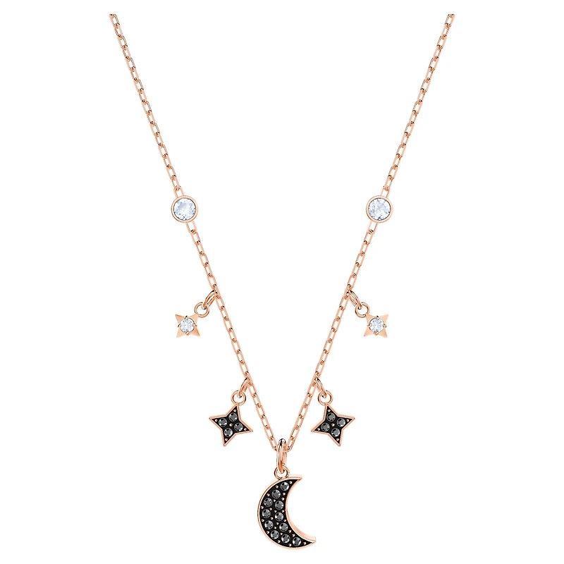 Symbolica necklace, Moon and star, Black, Rose gold-tone plated by SWAROVSKI