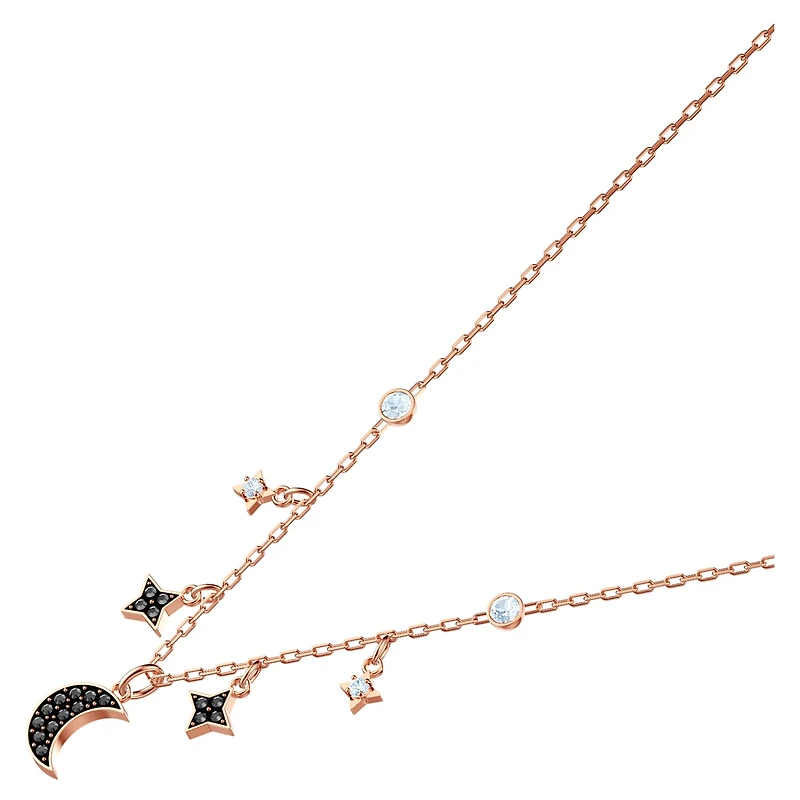 Symbolica necklace, Moon and star, Black, 18K rose gold finish