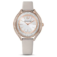 Crystalline aura watch, Swiss Made, Leather strap, Grey, Rose gold-tone finish by SWAROVSKI