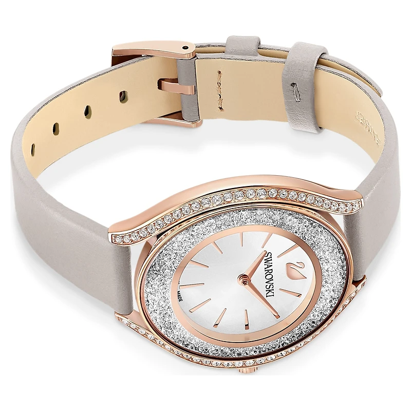 Crystalline aura watch, Swiss Made, Leather strap, Grey, Rose gold-tone finish by SWAROVSKI