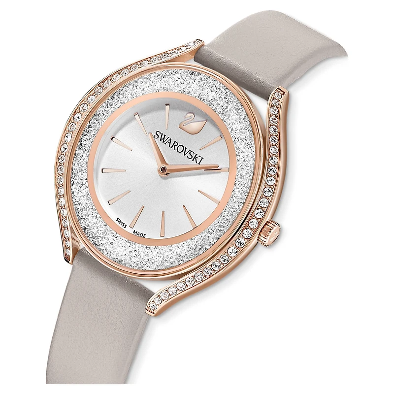 Crystalline aura watch, Swiss Made, Leather strap, Gray, Rose gold-tone finish by SWAROVSKI