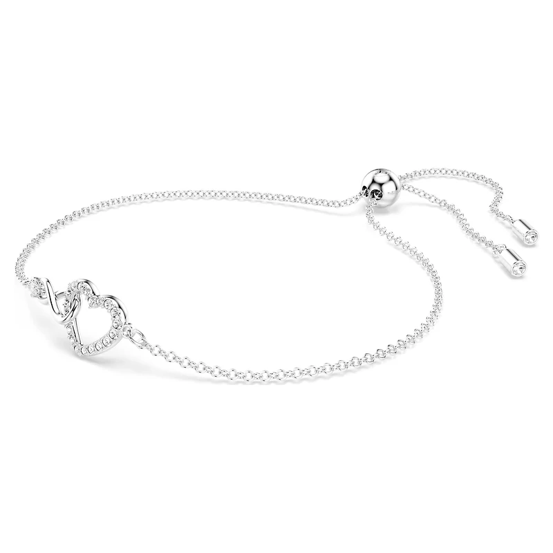Hyperbola bracelet, Infinity and heart, White, Rhodium plated by SWAROVSKI