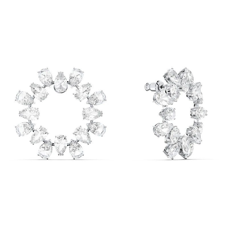 Matrix hoop earrings, Pear cut, White, Rhodium plated by SWAROVSKI