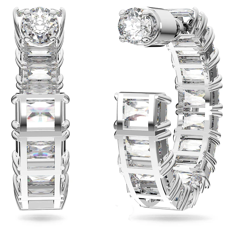 Matrix hoop earrings, Octagon cut, White, Rhodium plated by SWAROVSKI
