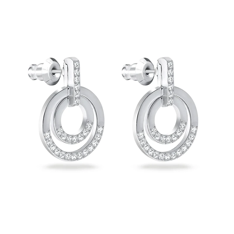 Circle hoop earrings, Round shape, White, Rhodium plated by SWAROVSKI