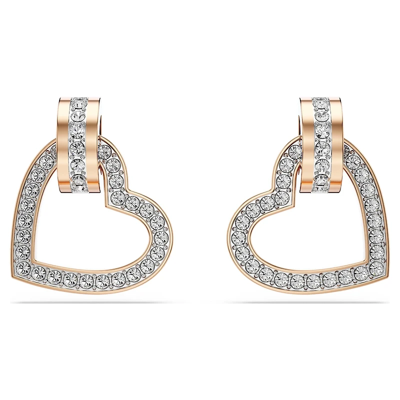 Lovely stud earrings, Heart, White, 18K rose gold finish