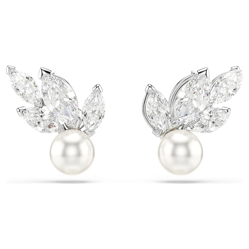 Louison Pearl stud earrings, Leaf, White, Rhodium plated by SWAROVSKI
