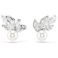 Louison Pearl stud earrings, Leaf, White, Rhodium plated by SWAROVSKI