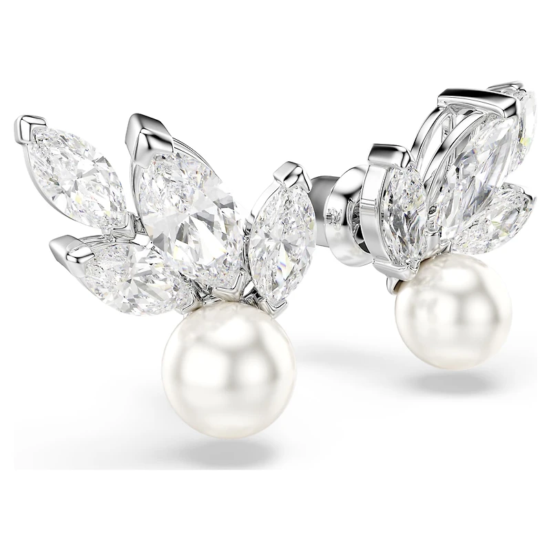 Louison Pearl stud earrings, Leaf, White, Rhodium plated by SWAROVSKI