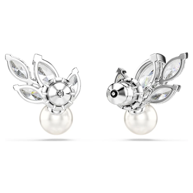 Louison Pearl stud earrings, Leaf, White, Rhodium plated by SWAROVSKI