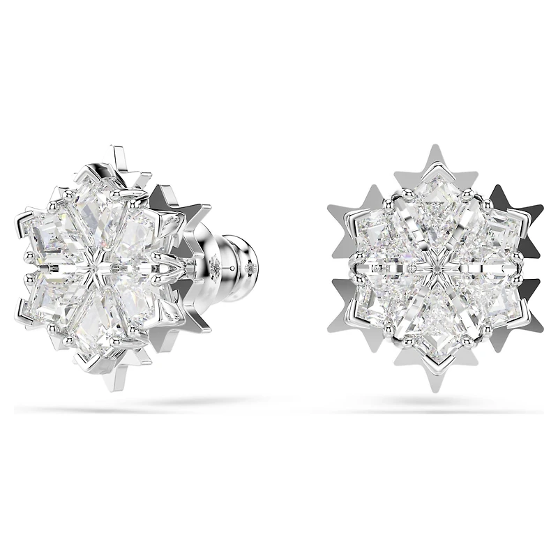 Magic stud earrings, Snowflake, White, Rhodium plated by SWAROVSKI