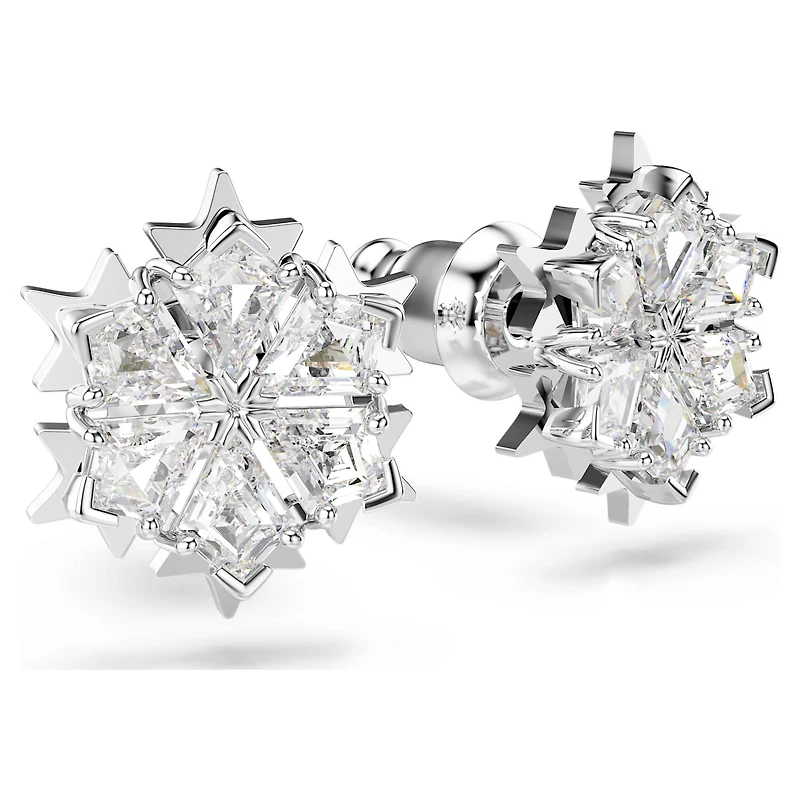 Magic stud earrings, Snowflake, White, Rhodium plated by SWAROVSKI