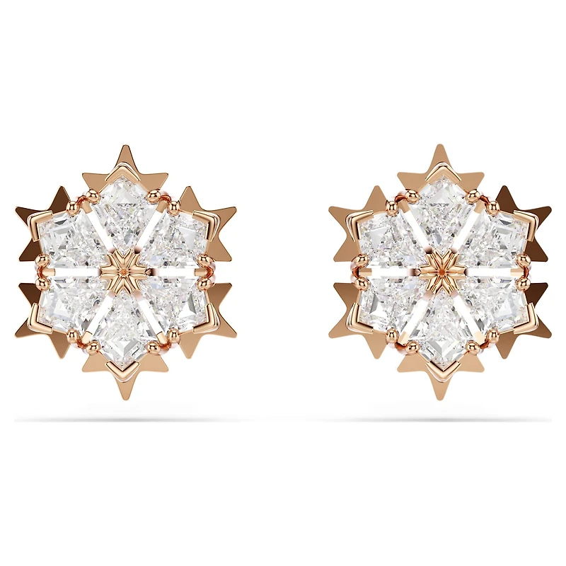 Magic stud earrings, Snowflake, White, 18K rose gold finish