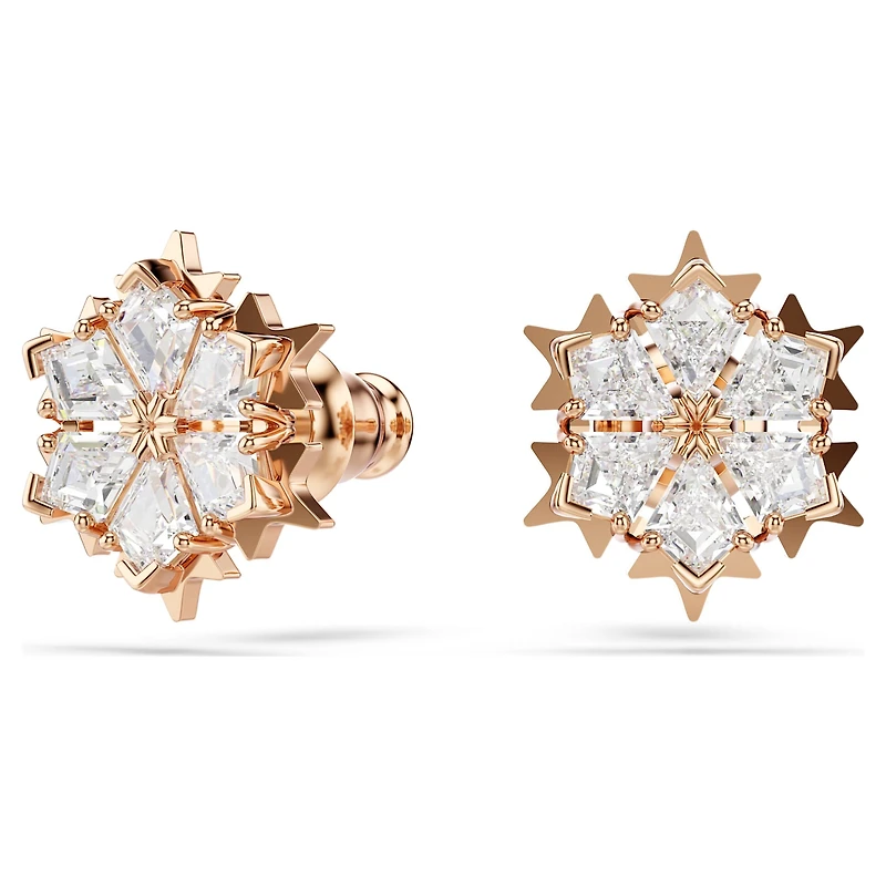 Magic stud earrings, Snowflake, White, 18K rose gold finish