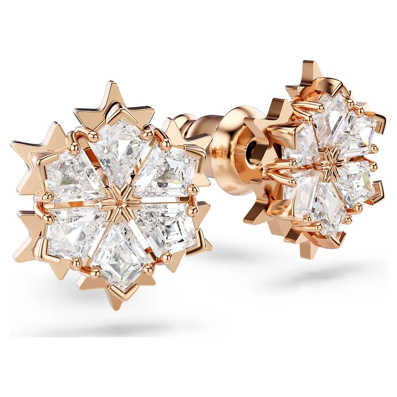 Magic stud earrings, Snowflake, White, 18K rose gold finish