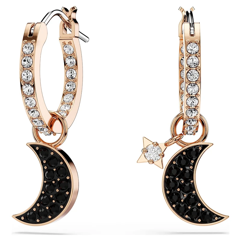 Symbolica drop earrings, Moon and star, Black, 18K rose gold finish