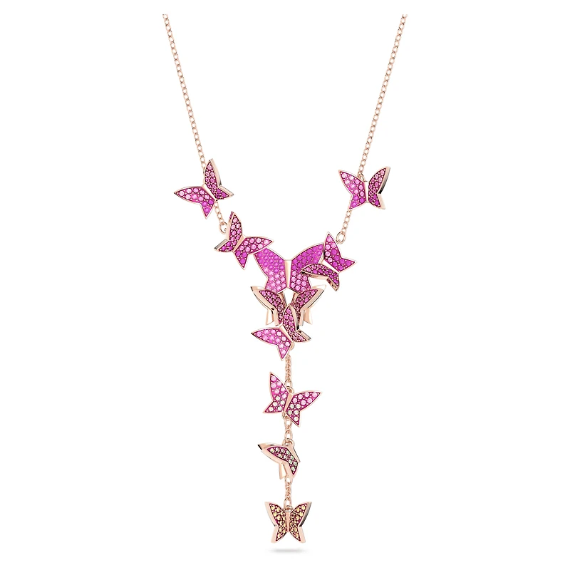 Idyllia Lilia Y necklace, Butterfly, Pink, 18K rose gold finish