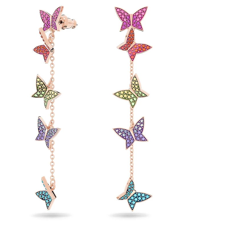 Idyllia Lilia drop earrings, Butterfly, Long, Multicoloured, Rose gold-tone plated by SWAROVSKI