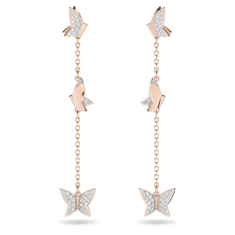 Idyllia Lilia drop earrings, Butterfly, Long, White, 18K rose gold finish