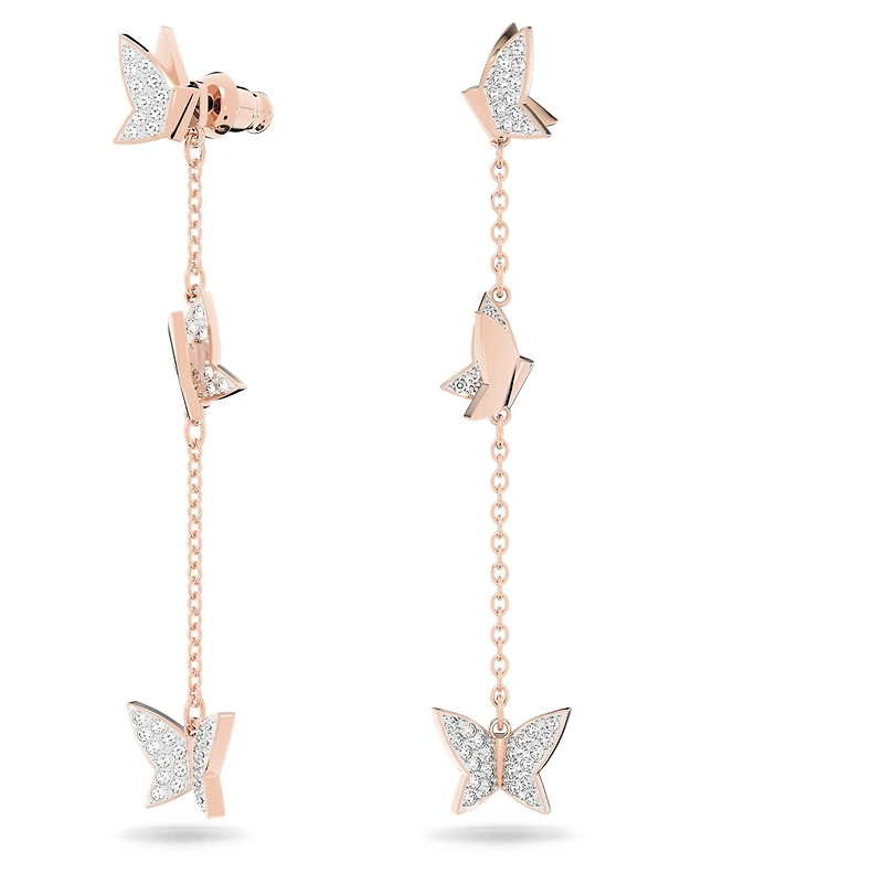 Idyllia Lilia drop earrings, Butterfly, Long, White, 18K rose gold finish