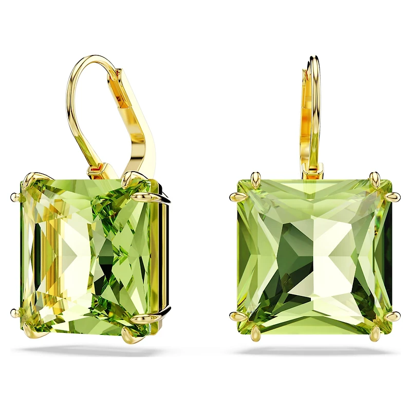 Millenia drop earrings, Square cut, Green, Gold-tone plated by SWAROVSKI