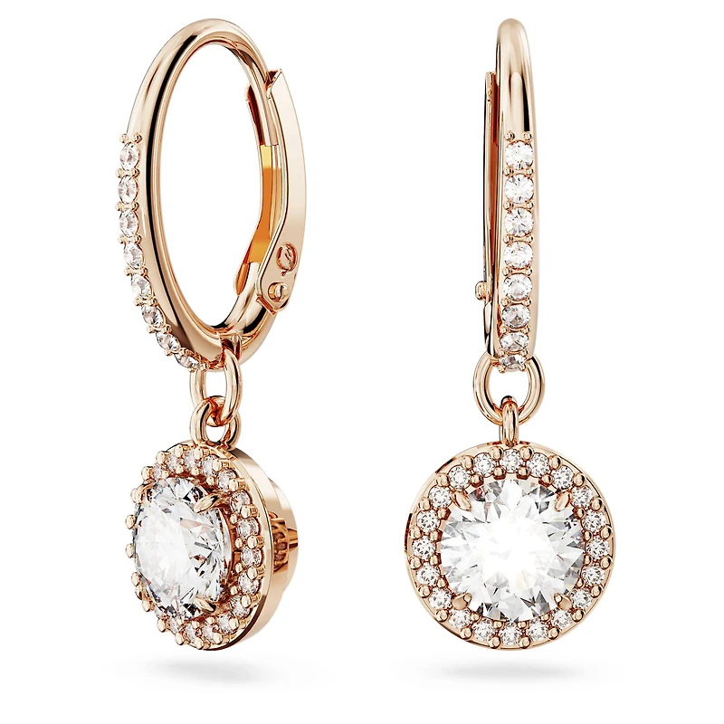 Una Angelic drop earrings, Round cut, Pavé, White, 18K rose gold finish