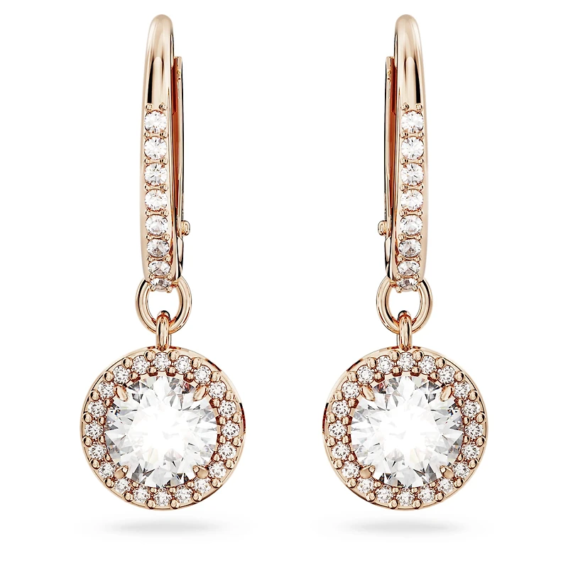 Una Angelic drop earrings, Round cut, Pavé, White, 18K rose gold finish