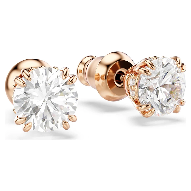 Stilla stud earrings, Round cut, White, 18K rose gold finish