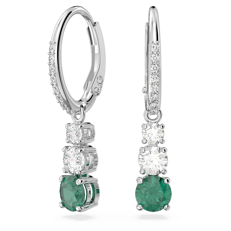 Attract Trilogy hoop earrings, Round cut, Green, Rhodium plated by SWAROVSKI