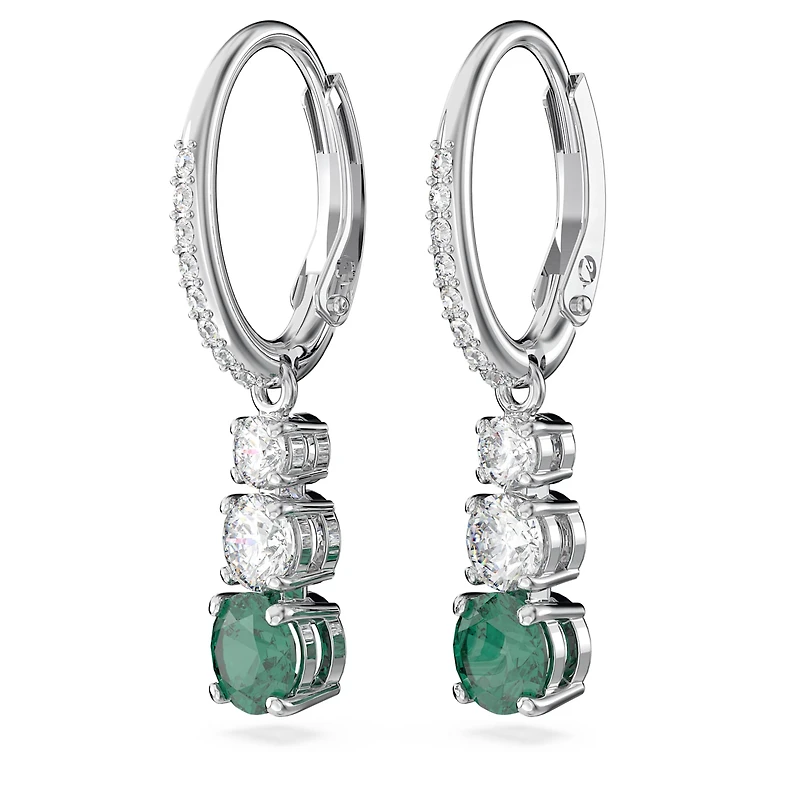 Attract Trilogy hoop earrings, Round cut, Green, Rhodium plated by SWAROVSKI