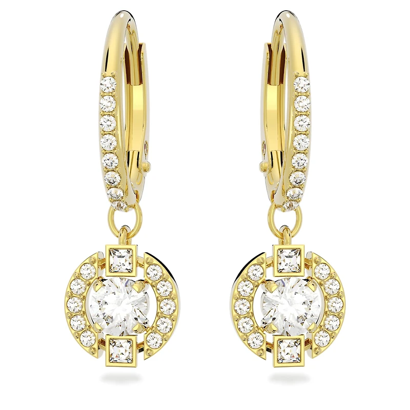 Una drop earrings, Round cut, White, 18K gold finish