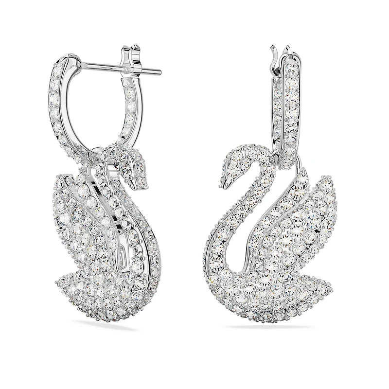 Swarovski Iconic Swan drop earrings, Swan, White, Rhodium plated by SWAROVSKI