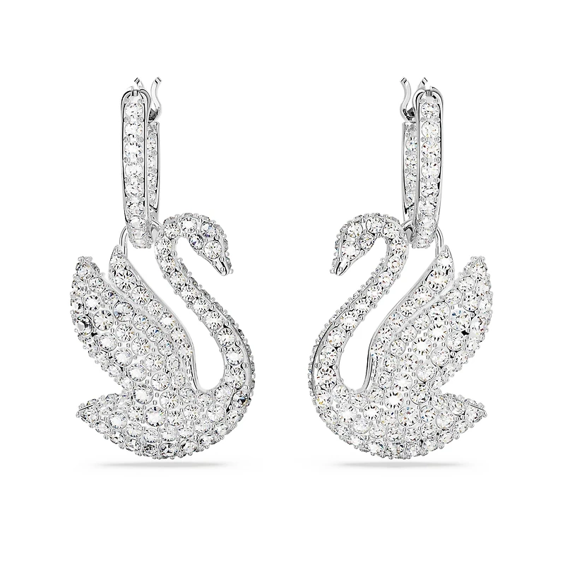 Swarovski Iconic Swan drop earrings, Swan, White, Rhodium plated by SWAROVSKI