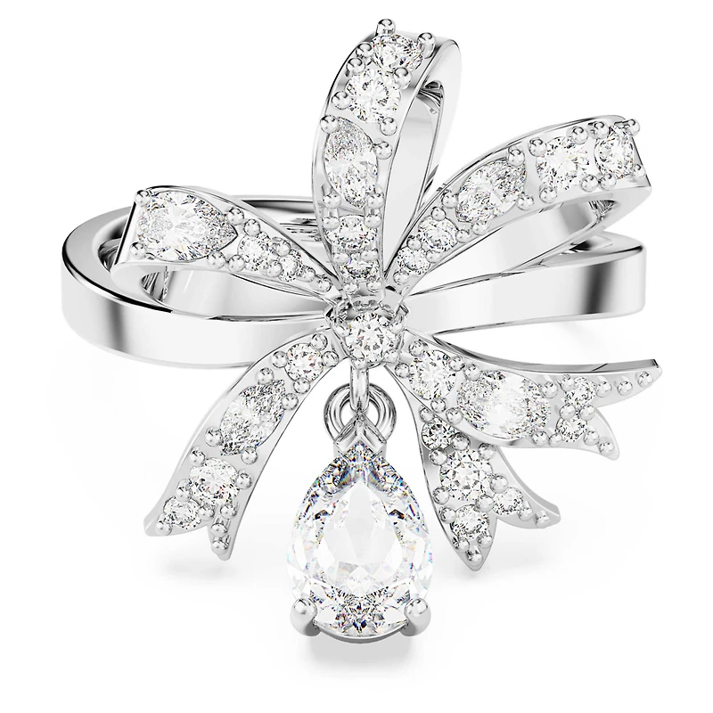 Volta cocktail ring, Bow, White, Rhodium plated by SWAROVSKI