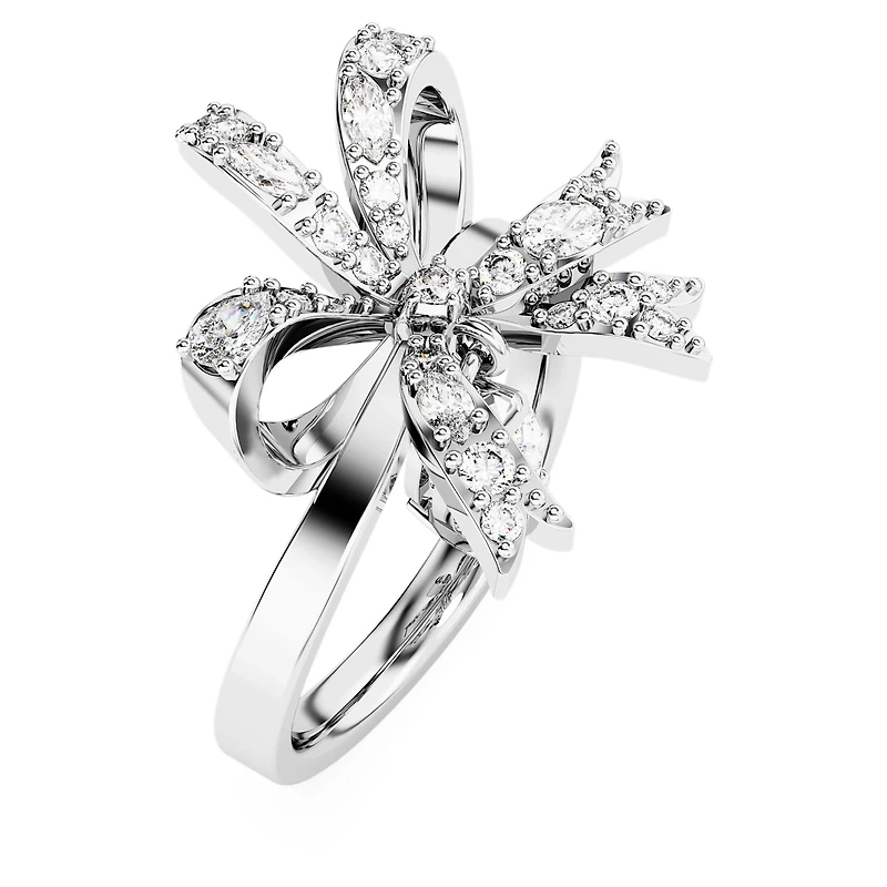 Volta cocktail ring, Bow, Small, White, Rhodium plated by SWAROVSKI