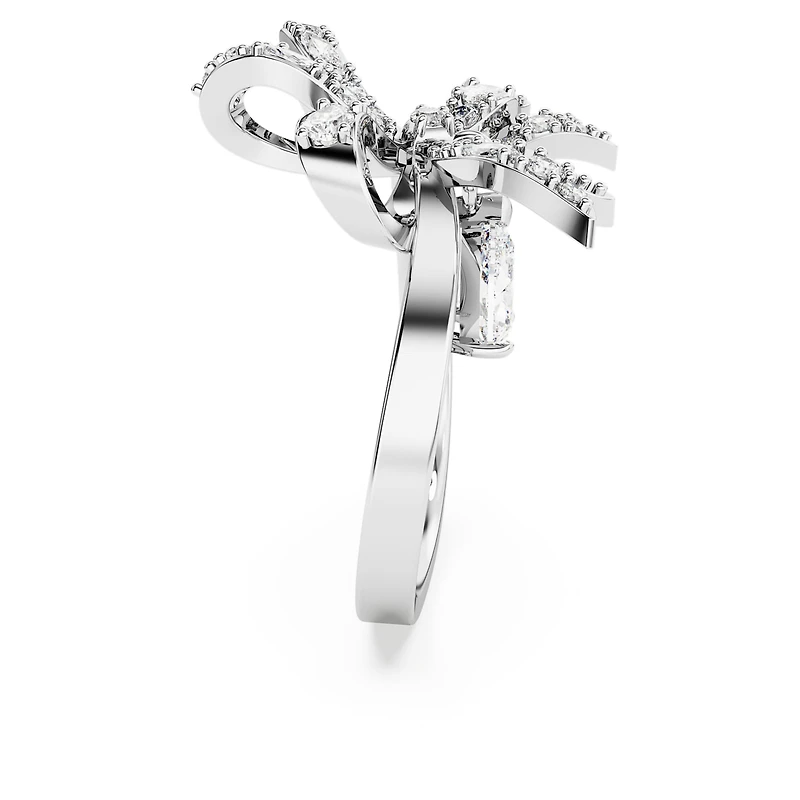 Volta cocktail ring, Bow, White, Rhodium plated by SWAROVSKI