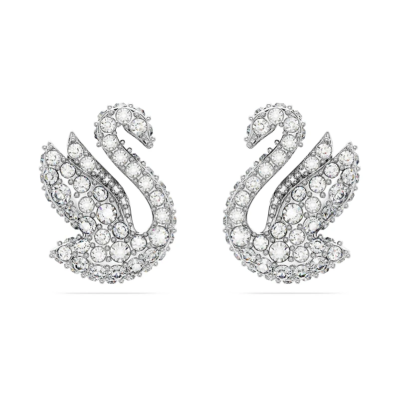 Swan stud earrings, Swan, White, Rhodium plated by SWAROVSKI
